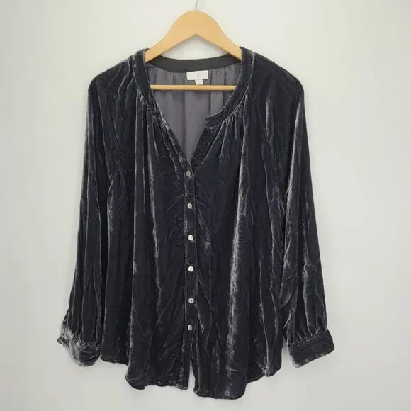 J Jill Womens Liquid Velvet Button Front Blouse Silk Blend Long Sleeves Size XL - Picture 1 of 4